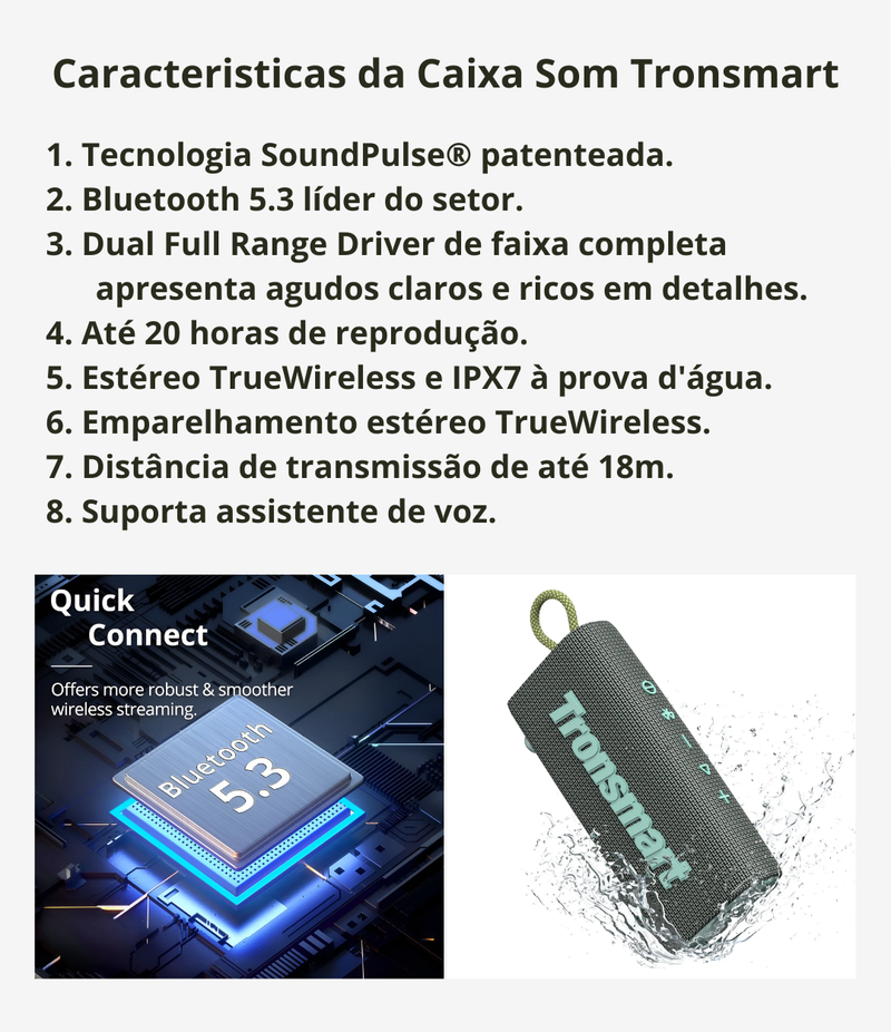 Caixa de Som Tronsmart Trip IPX7 Portátil - 20 hs Musica